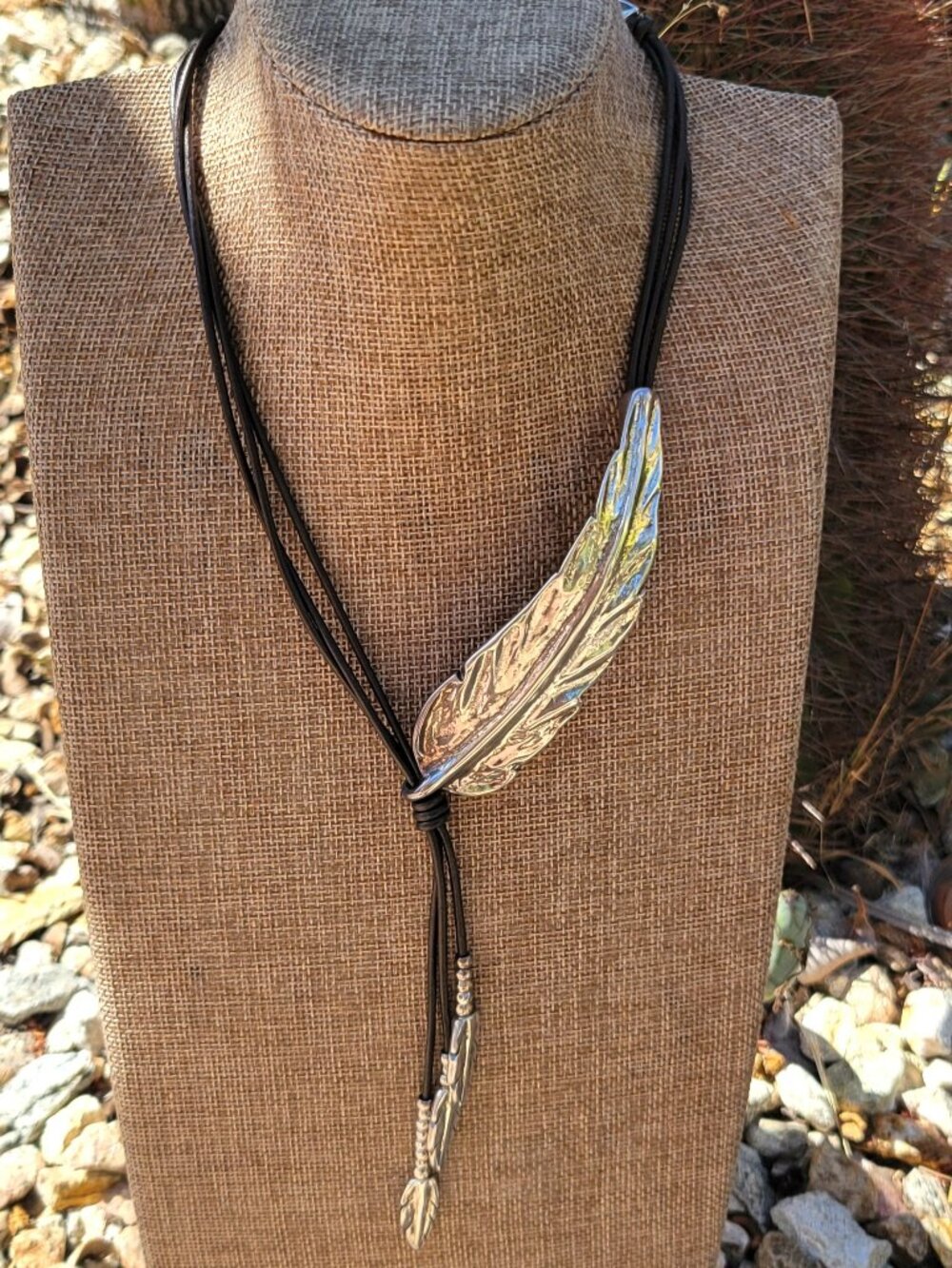 Rare UNO de 50 Leather and Silver Feather Necklace